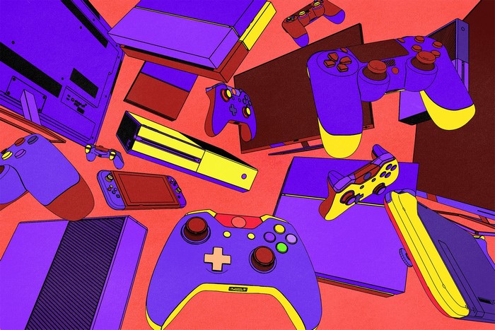Video game consoles and controllers by Sony, Microsoft, and Nintendo