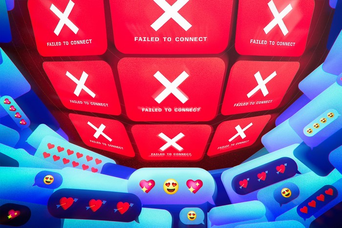 Digital art with connection error messages and emojis
