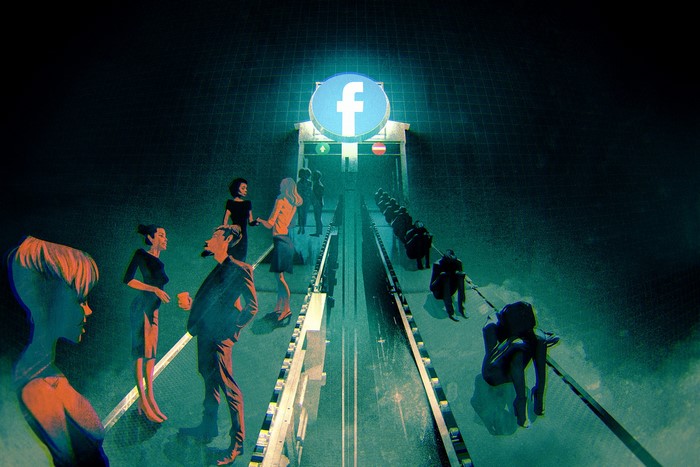 People on an assembly line leading to Facebook logo