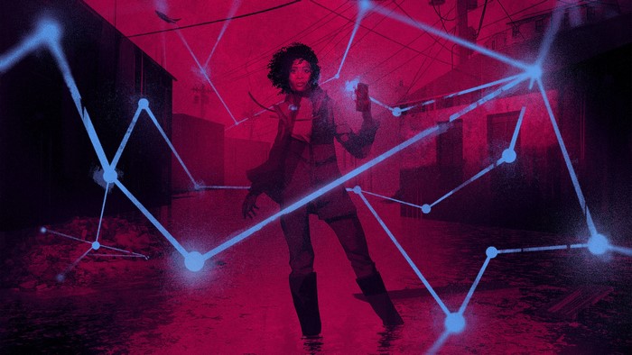 Woman holding phone in flooded city with network overlay