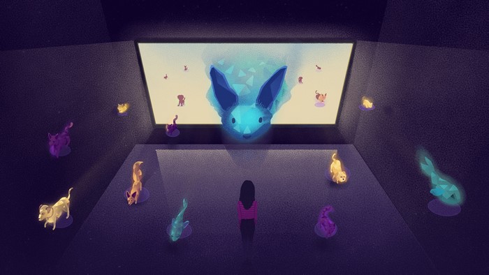 Girl in room with holographic animals and large screen