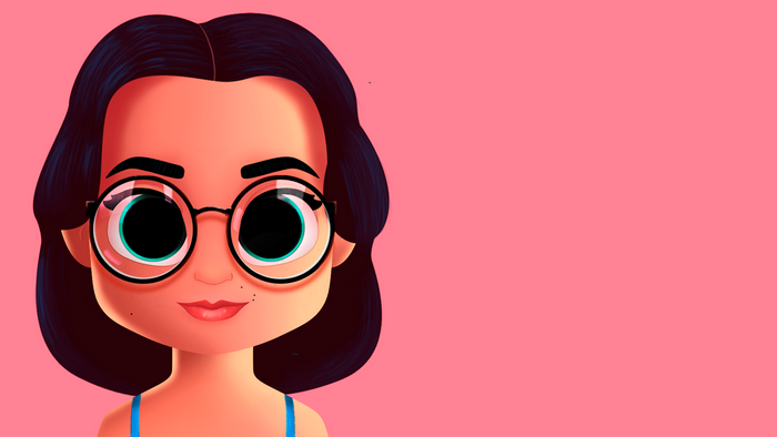 Illustration of a woman with dark hair and glasses