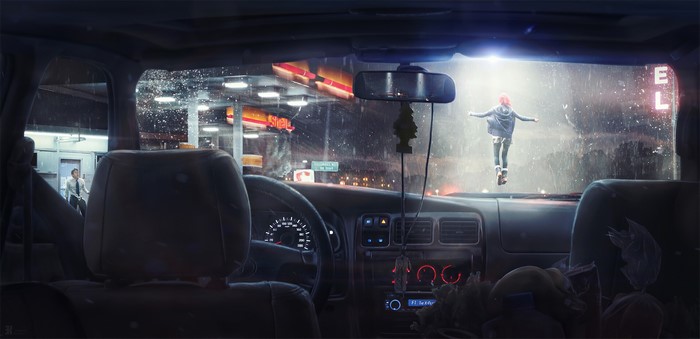 Artwork of a woman levitating outside a car at night