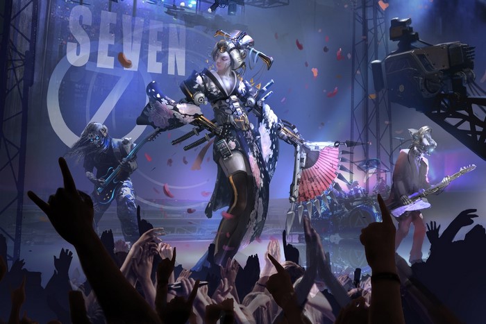 Cyberpunk Geisha performing on stage with band