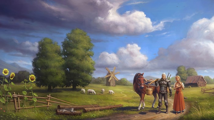 Geralt of Rivia and woman with horse in The Witcher 3 landscape