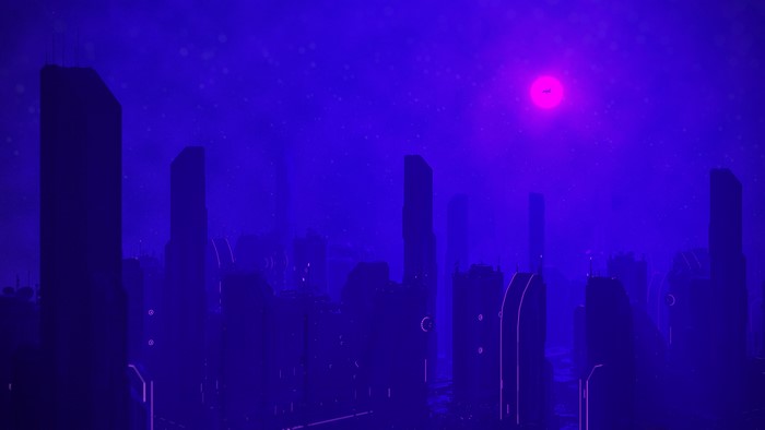 Neon city skyline at night with pink moon