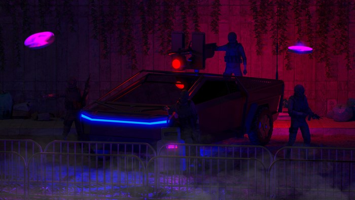Tesla Cybertruck with soldiers and drones at night