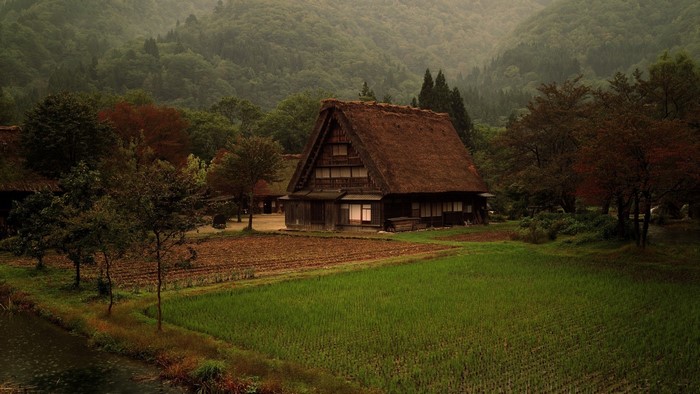 Traditional Japanese Gassho-zukuri house in a mountain village
