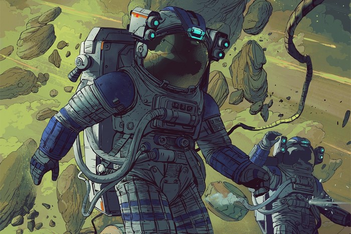 Astronauts floating in space among asteroids