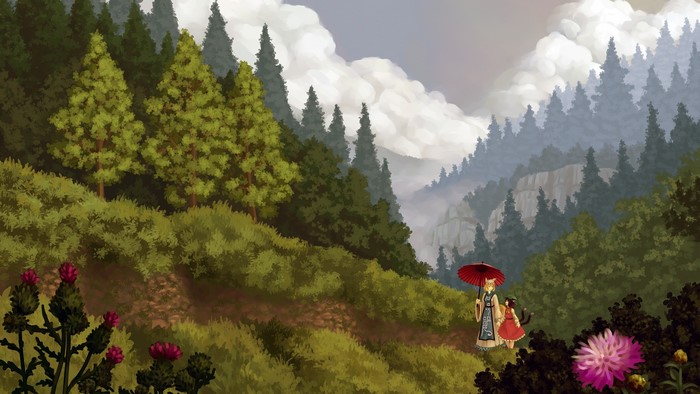 Two women walking in a mountainous forest landscape