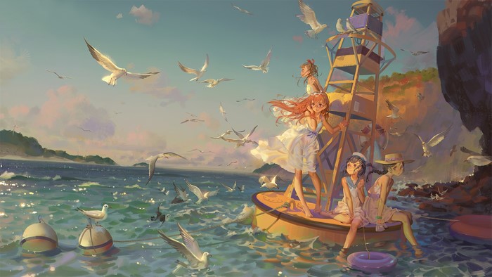 Anime girls on a lighthouse with seagulls by the sea