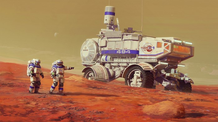 Astronauts and rover on Mars