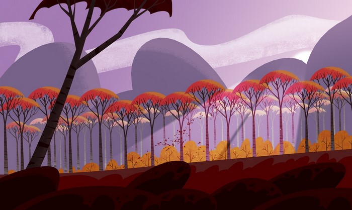 Artwork of a stylized forest landscape with purple mountains