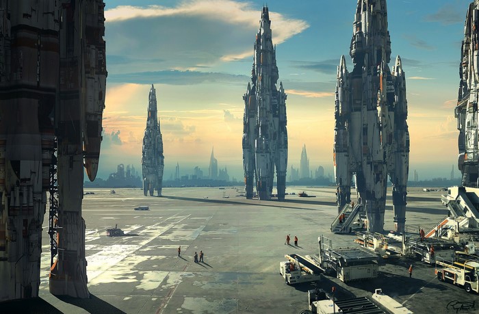 Futuristic cityscape with towering structures and landing platforms