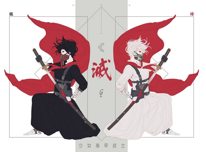 Two anime warriors with red capes and swords