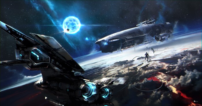 Astronauts tethered to spaceships above a planet