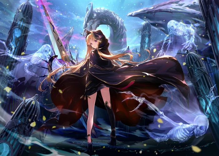 Ereshkigal from Fate/Grand Order with ghosts and dragon