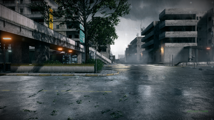 Battlefield 3 4K screenshot of a rainy city street