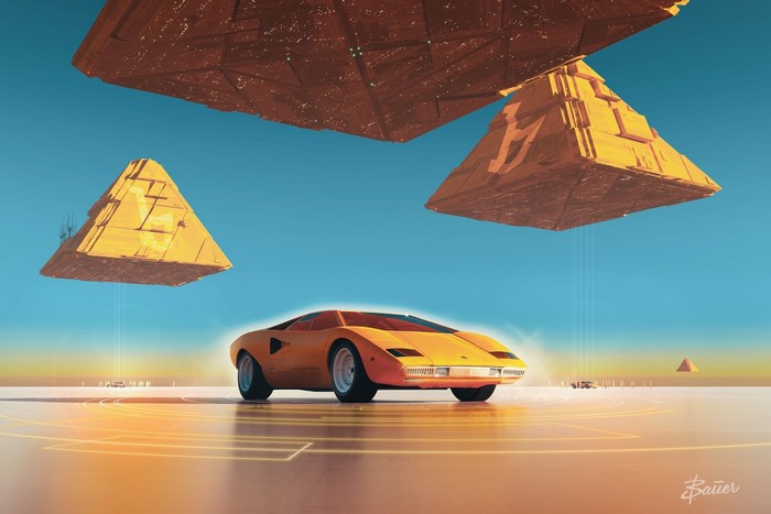 Lamborghini Countach with floating pyramids