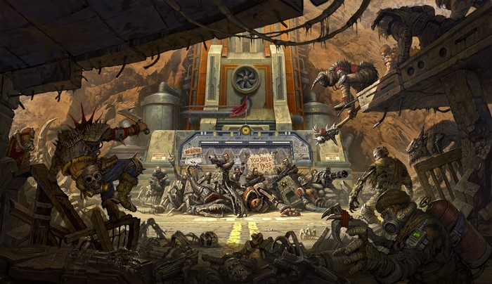 Apocalyptic war scene with futuristic soldiers and creatures