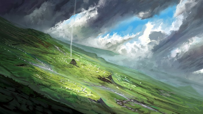 Digital painting of a cabin on a grassy hill with dramatic clouds