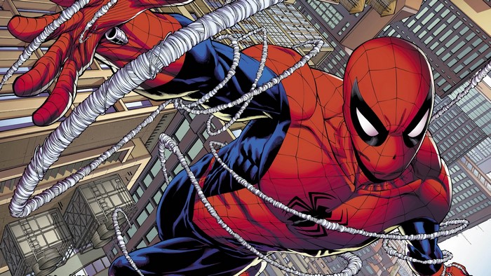 Spider-Man swinging through a city