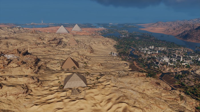 4K screenshot of pyramids and city from Assassin's Creed: Origins