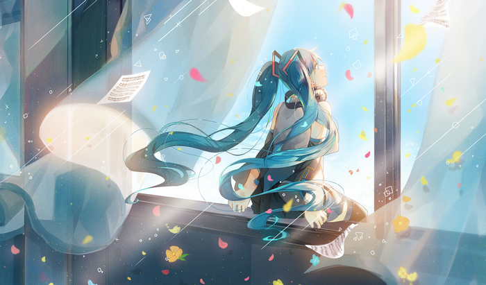 Hatsune Miku looking out a window with petals