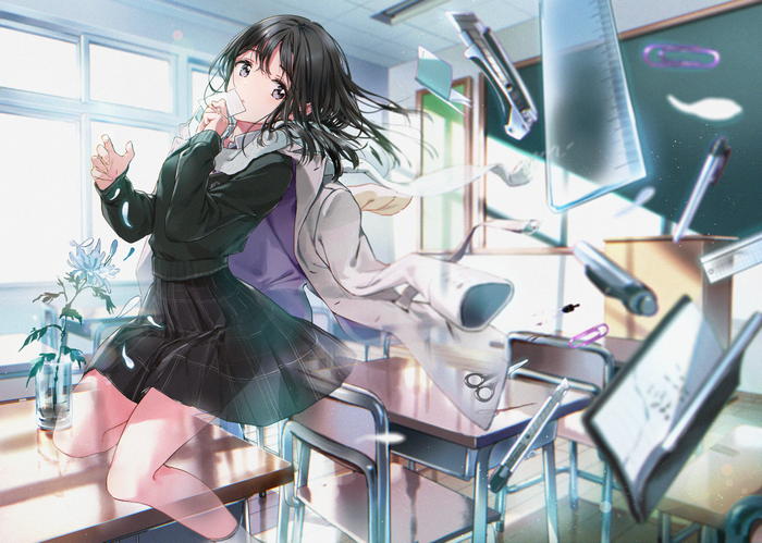 Anime girl in classroom with floating school supplies