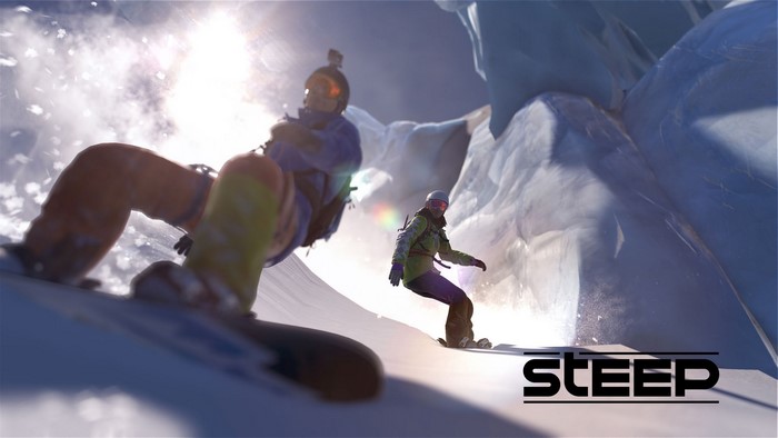 Steep video game snowboarders on a snowy mountain