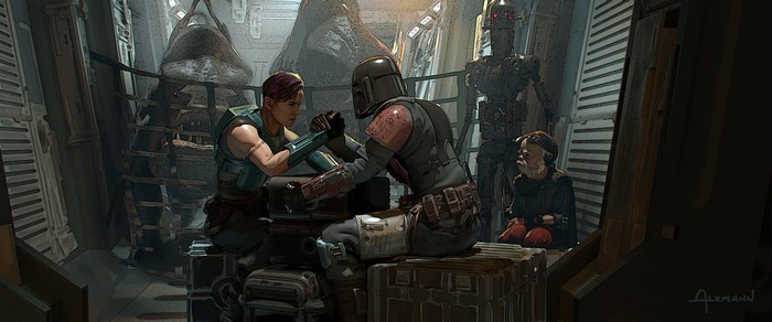 The Mandalorian and Cara Dune arm wrestling