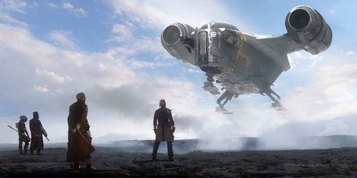 The Mandalorian's Razor Crest landing on a rocky planet