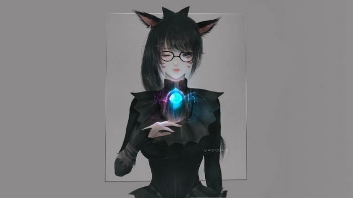Cat girl with glasses holding a glowing orb
