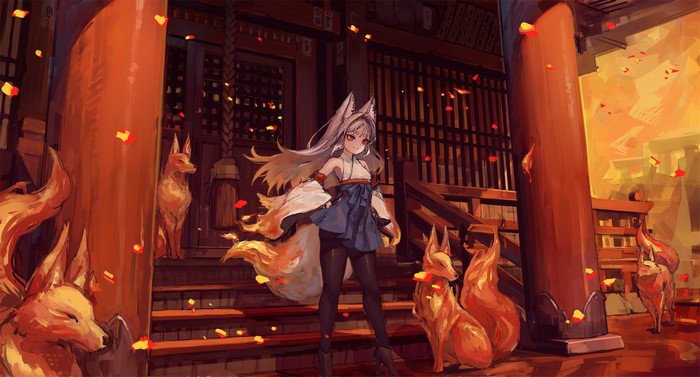 Anime fox girl with multiple fox companions at a shrine