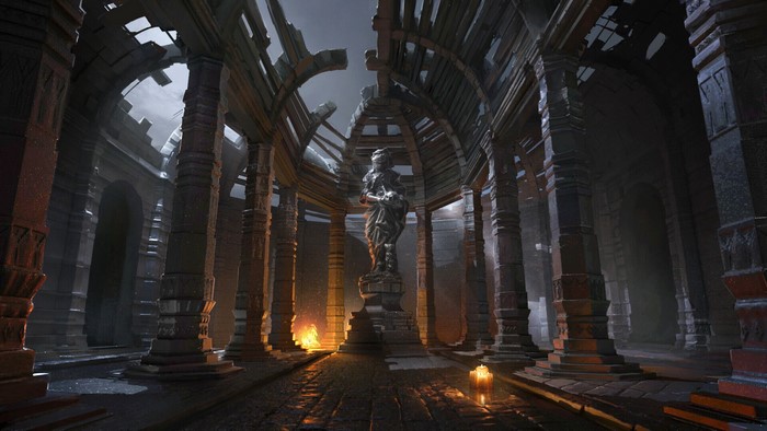 Ruined temple interior with statue and fire