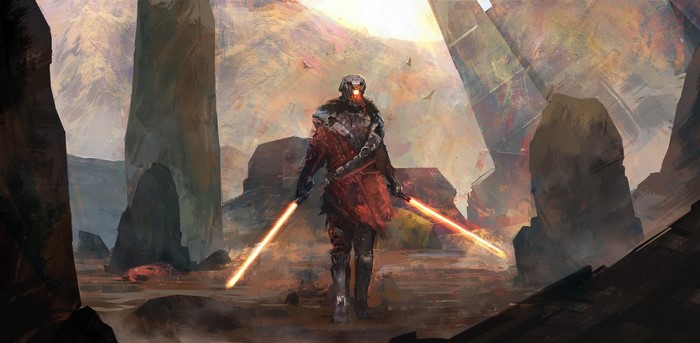 Sith warrior with two lightsabers in a rocky landscape