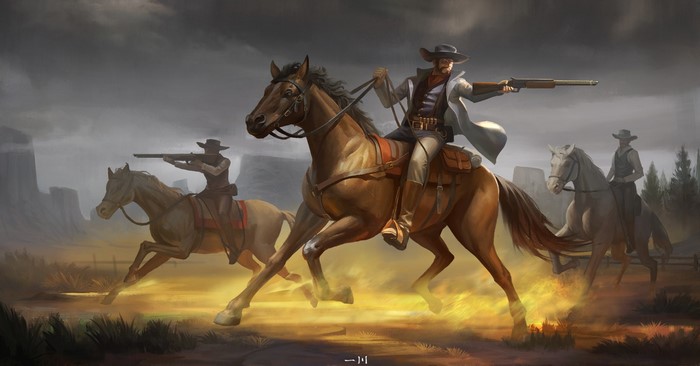 Cowboys on horseback with rifles in a western landscape