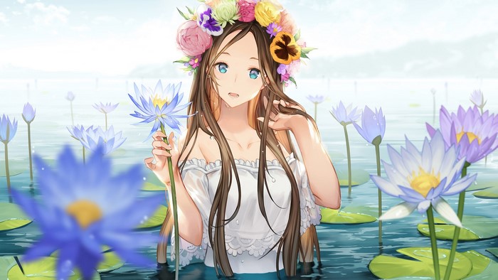 Girl with flower crown in a water lily pond