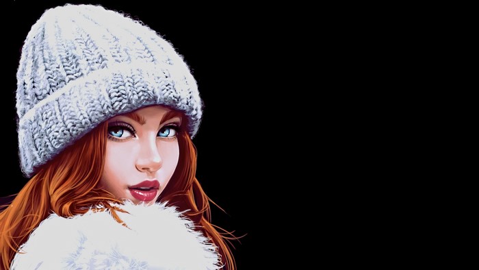 Fantasy girl with blue eyes and red hair wearing a beanie