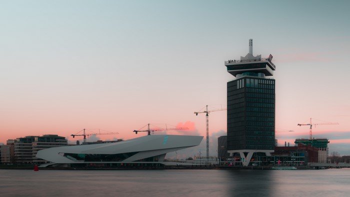 Amsterdam EYE Film Museum and A'DAM Tower at sunset
