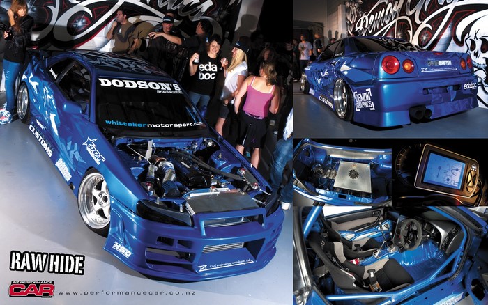 Blue Nissan Skyline R34 with custom modifications