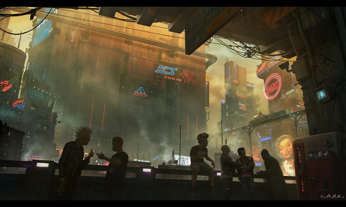 Cyberpunk city with neon signs and people