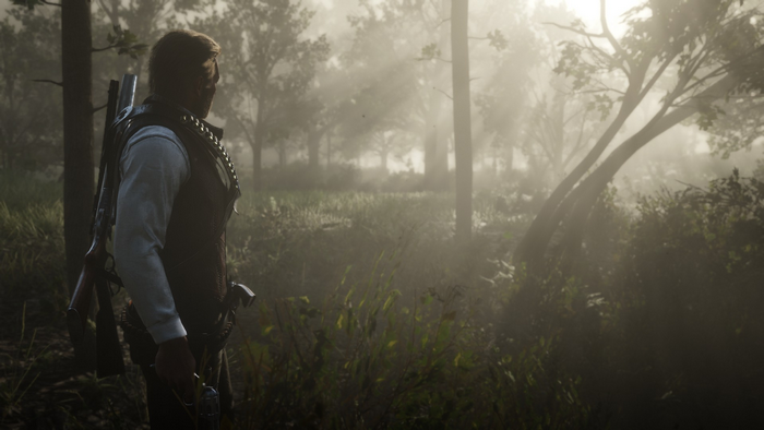 Arthur Morgan from Red Dead Redemption 2 in a forest