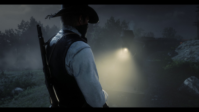 Man with rifle in Red Dead Redemption 2 near a train
