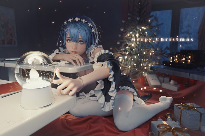 Rem from Re:Zero with a snow globe and Christmas tree