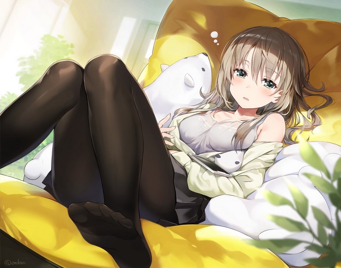 Anime girl with green eyes wearing pantyhose