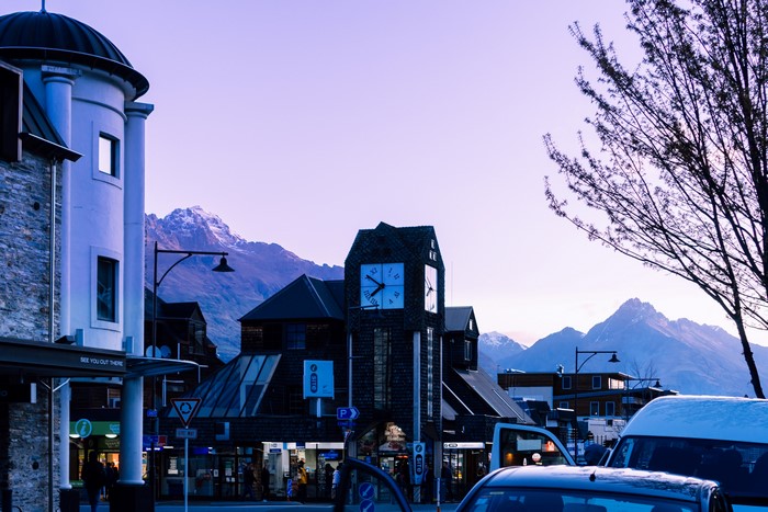Queenstown Clock Tower and Mountains, New Zealand