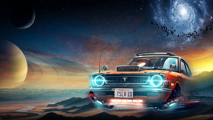 Sci-Fi Tesla Car in Space with Planets