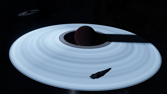 Planet with rings and a spaceship in Elite: Dangerous
