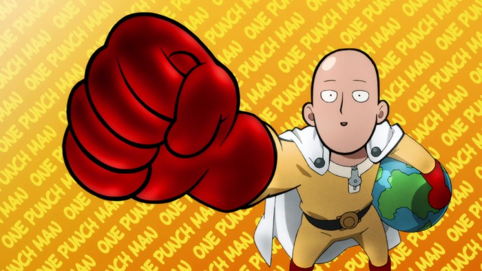 Saitama from One-Punch Man with a giant fist and the Earth
